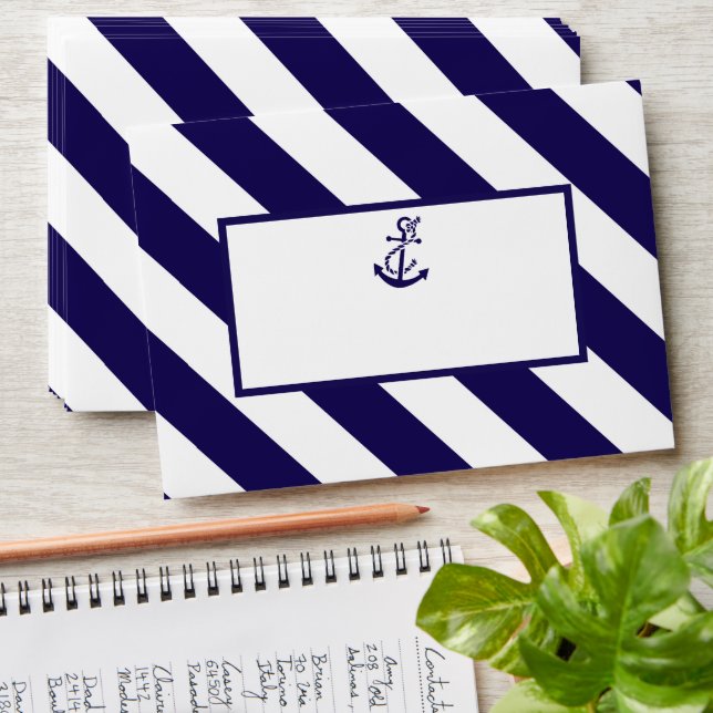 Nautical Stripes & Navy Blue Anchor Wedding Envelope (Stacked)