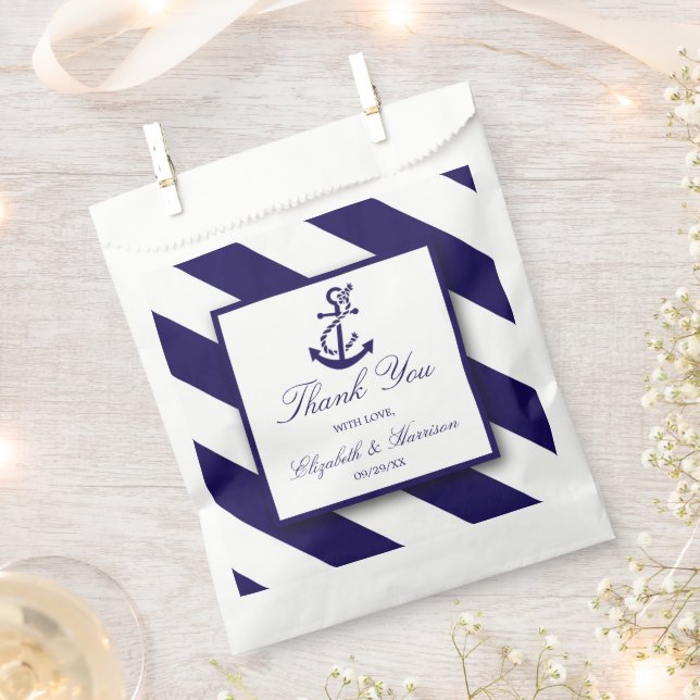Nautical Stripes & Navy Blue Anchor Wedding Favor Bag (Clipped)