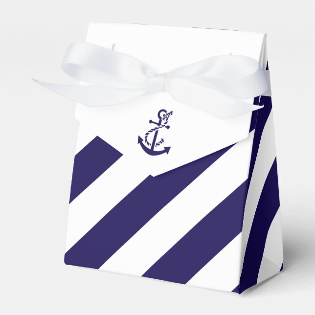 Nautical Stripes & Navy Blue Anchor Wedding Favor Boxes (Front Side)