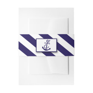 Nautical Stripes & Navy Blue Anchor Wedding Invitation Belly Band