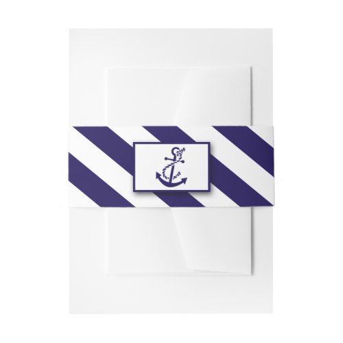 Nautical Stripes  Navy Blue Anchor Wedding Invitation Belly Band