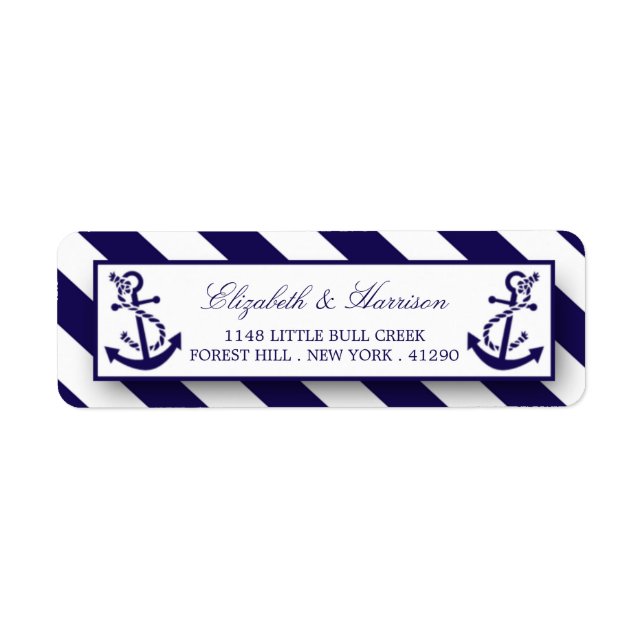 Nautical Stripes & Navy Blue Anchor Wedding Label (Front)