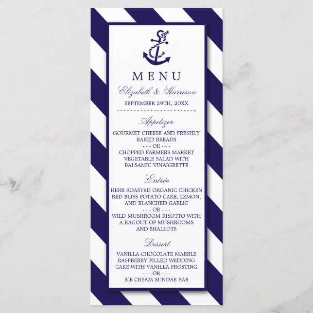 Nautical Stripes & Navy Blue Anchor Wedding Menu (Front)