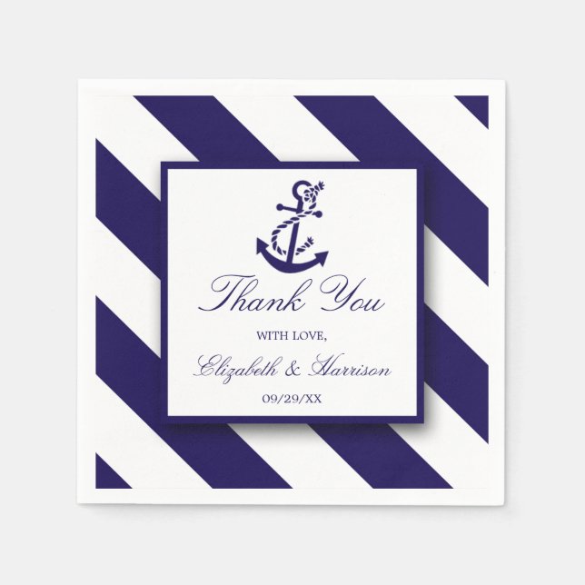 Nautical Stripes & Navy Blue Anchor Wedding Napkins (Front)