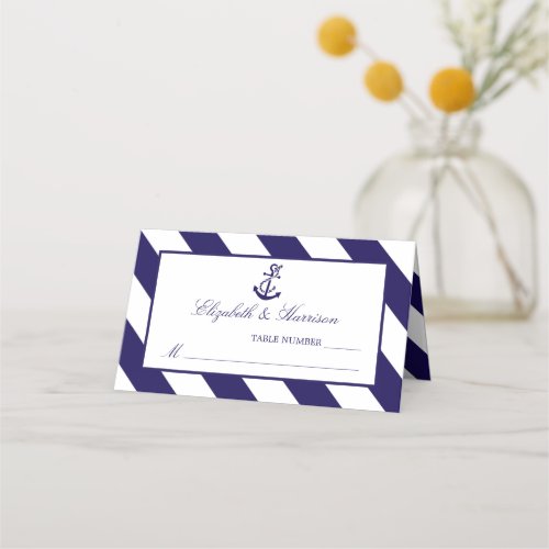 Nautical Stripes  Navy Blue Anchor Wedding Place Card