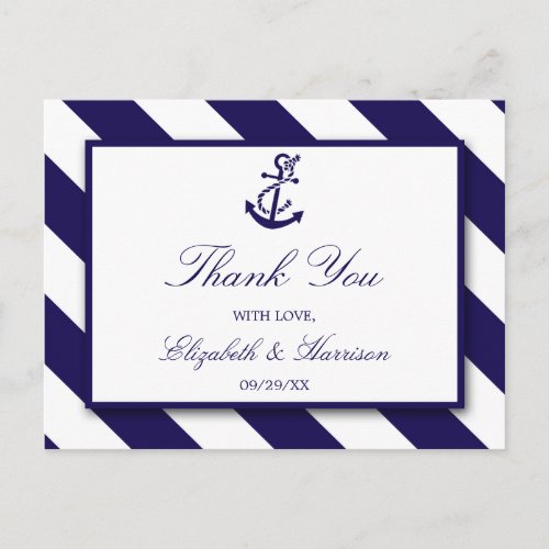 Nautical Stripes  Navy Blue Anchor Wedding Postcard