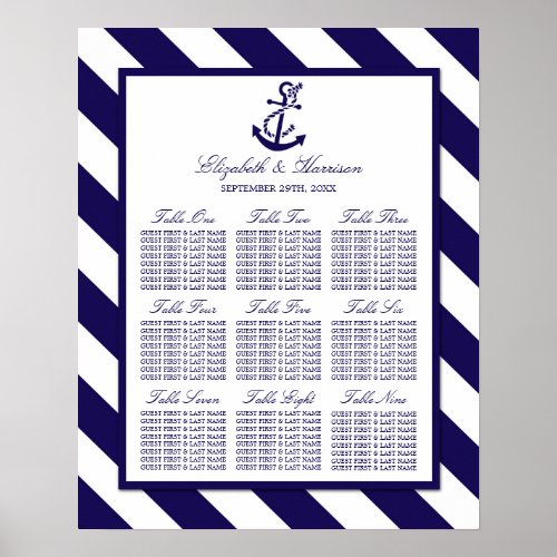 Nautical Stripes  Navy Blue Anchor Wedding Poster