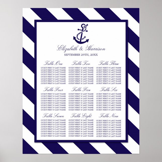 Nautical Stripes & Navy Blue Anchor Wedding Poster (Front)