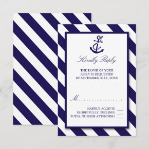 Nautical Stripes & Navy Blue Anchor Wedding RSVP Card