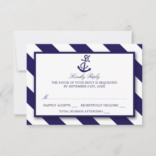 Nautical Stripes  Navy Blue Anchor Wedding RSVP Card