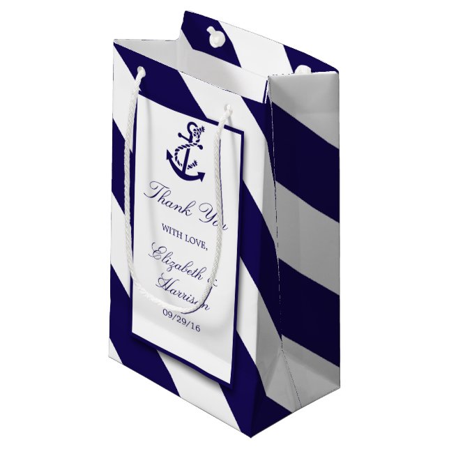 Nautical Stripes & Navy Blue Anchor Wedding Small Gift Bag (Front Angled)