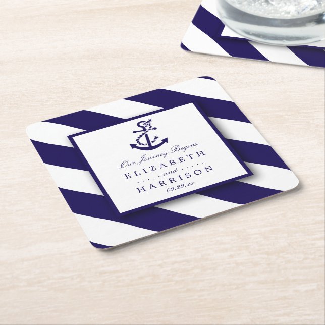 Nautical Stripes & Navy Blue Anchor Wedding Square Paper Coaster (Angled)