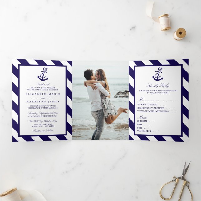 Nautical Stripes & Navy Blue Anchor Wedding Suite Tri-Fold Invitation (Inside)