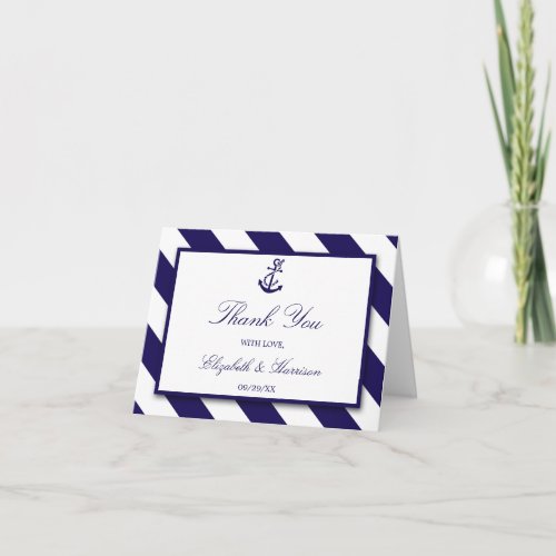 Nautical Stripes  Navy Blue Anchor Wedding Thank You Card