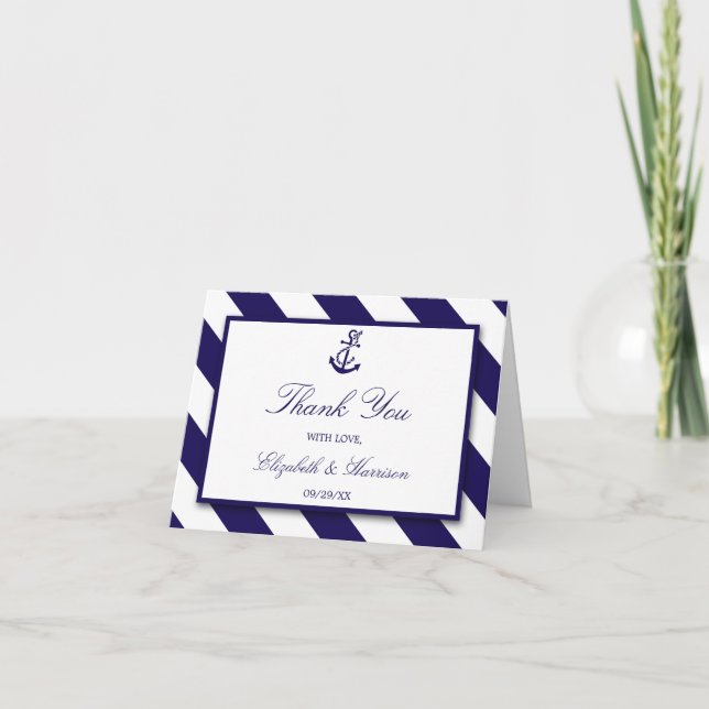 Nautical Stripes & Navy Blue Anchor Wedding Thank You Card (Front)