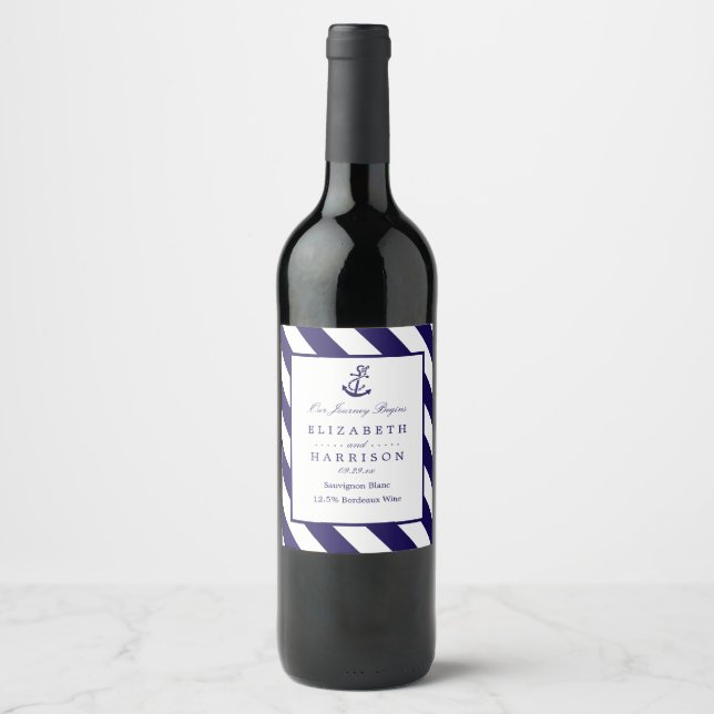 Nautical Stripes & Navy Blue Anchor Wedding Wine Label (Front)