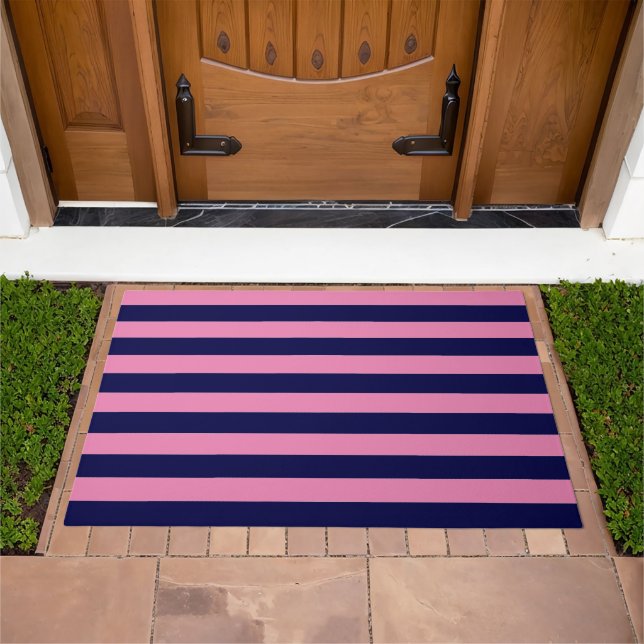 Nautical Stripes Navy Blue and Light Pink Doormat (Outdoor)