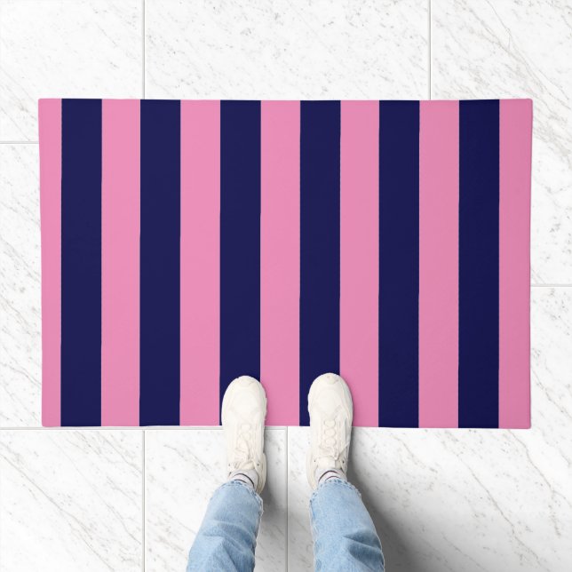 Nautical Stripes Navy Blue and Light Pink Doormat (Indoor)