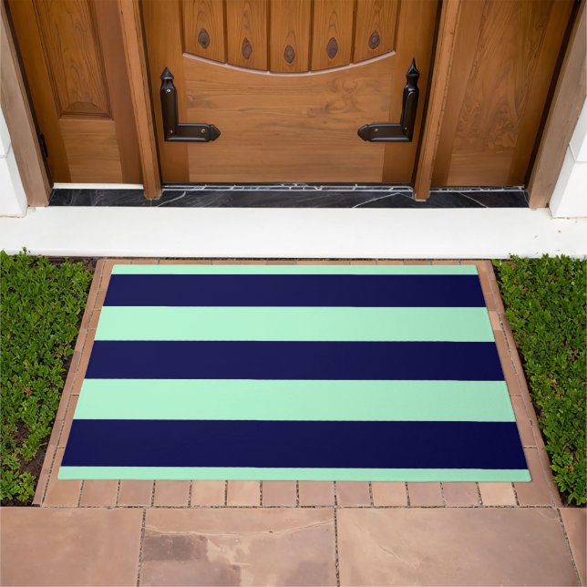 Nautical Stripes Navy Blue and Mint Green Doormat (Outdoor)
