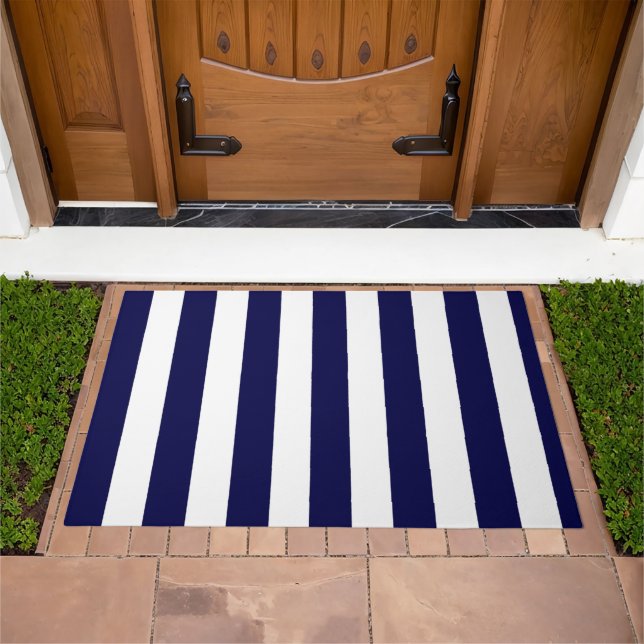 Nautical Stripes Navy Blue and White  Doormat (Outdoor)
