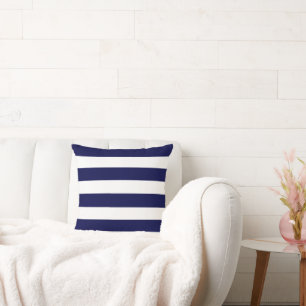 Nautical Stripes Navy Blue and White  Throw Pillow