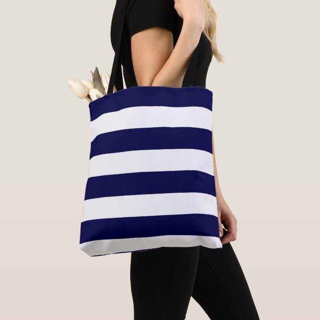 Nautical Stripes Navy Blue and White  Tote Bag (Close Up)