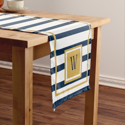 Nautical Stripes Navy Blue Monogram Initial Short Table Runner