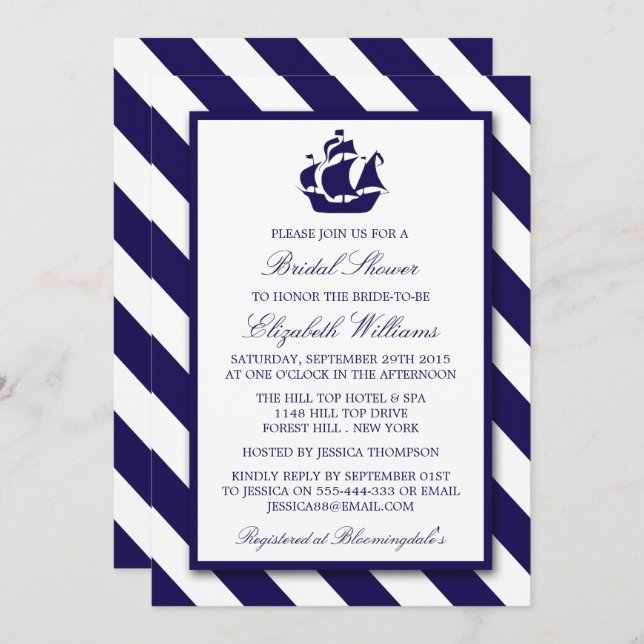 Nautical Stripes & Navy Blue Ship Bridal Shower Invitation (Front/Back)