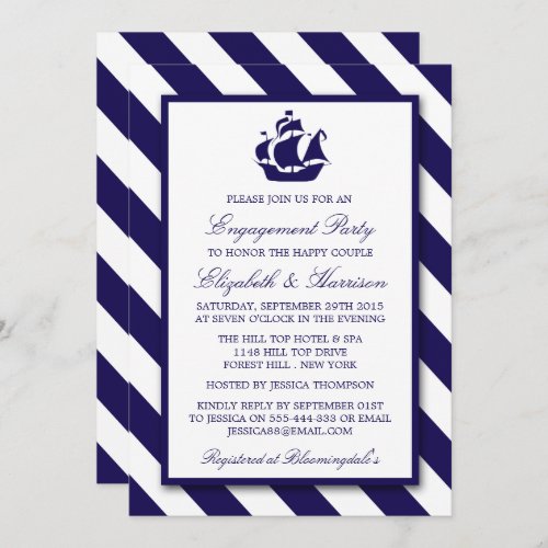 Nautical Stripes  Navy Blue Ship Engagement Invitation