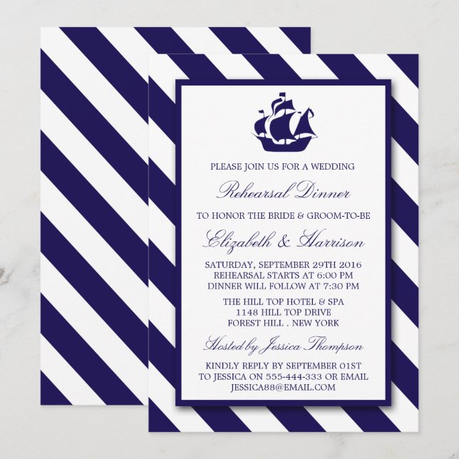 Nautical Stripes Navy Blue Ship Rehearsal Dinner Invitation (Front/Back)