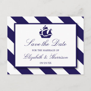 Nautical Stripes & Navy Blue Ship Save The Date Announcement Postcard