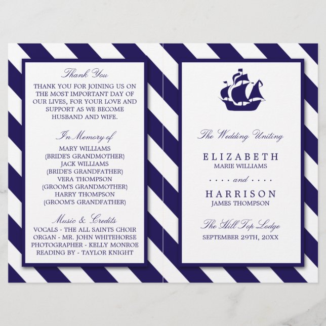 Nautical Stripes & Navy Blue Ship Wedding (Front)
