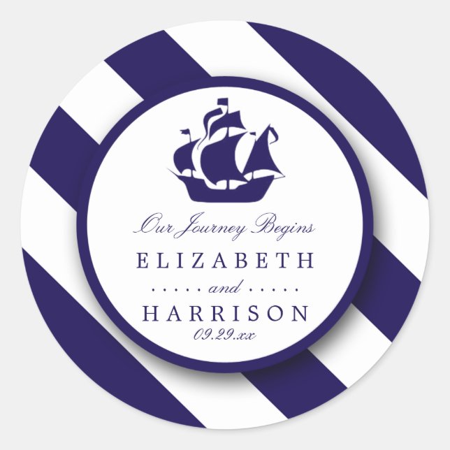 Nautical Stripes & Navy Blue Ship Wedding Classic Round Sticker (Front)