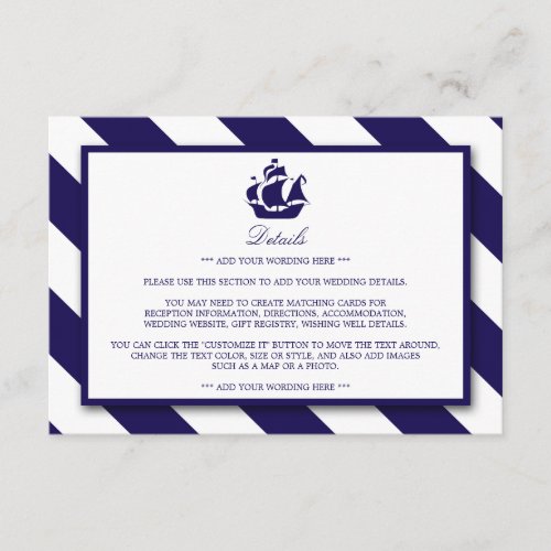 Nautical Stripes  Navy Blue Ship Wedding Detail Enclosure Card