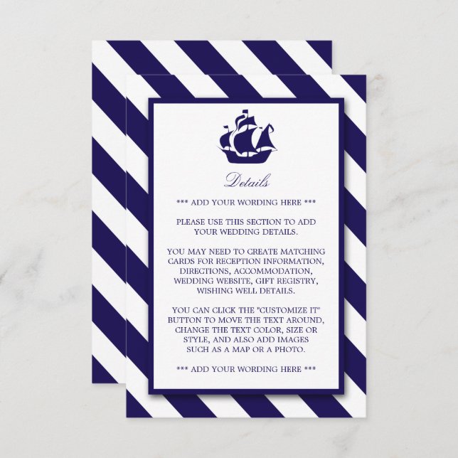 Nautical Stripes & Navy Blue Ship Wedding Detail Enclosure Card (Front/Back)