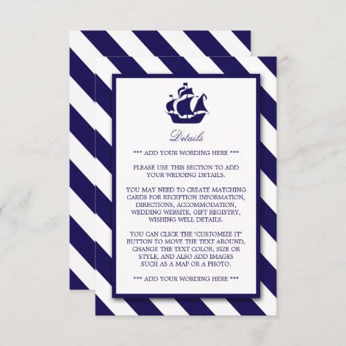 Nautical Stripes  Navy Blue Ship Wedding Detail Enclosure Card