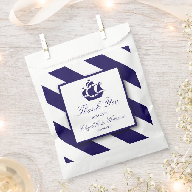 Nautical Stripes & Navy Blue Ship Wedding Favor Bag (Clipped)