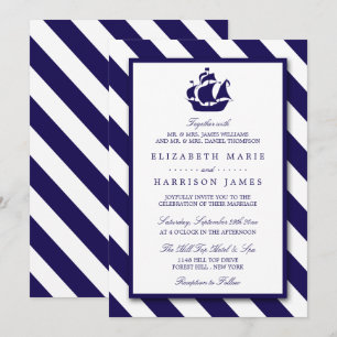 Nautical Stripes & Navy Blue Ship Wedding Invitation
