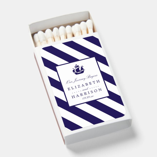 Nautical Stripes & Navy Blue Ship Wedding Matchboxes (Front Open)