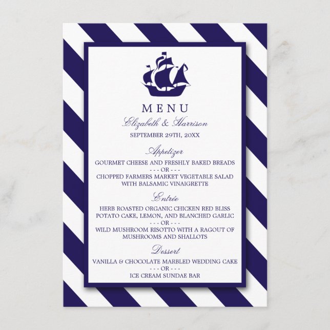 Nautical Stripes & Navy Blue Ship Wedding Menu (Front)