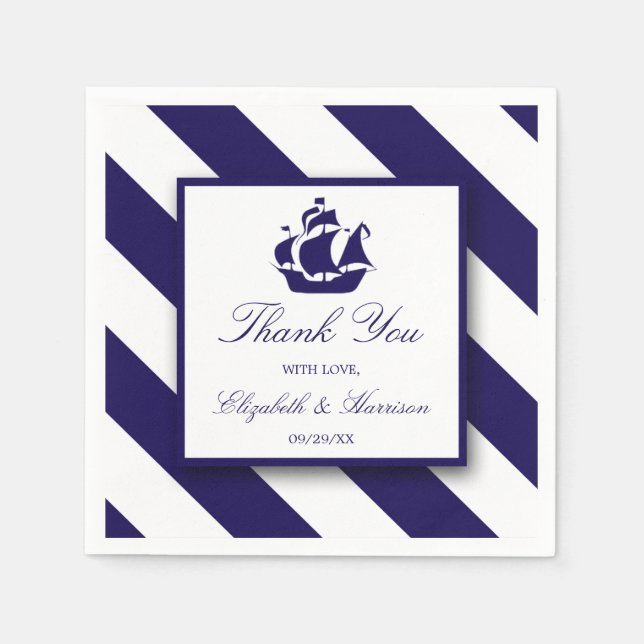 Nautical Stripes & Navy Blue Ship Wedding Paper Napkins (Front)