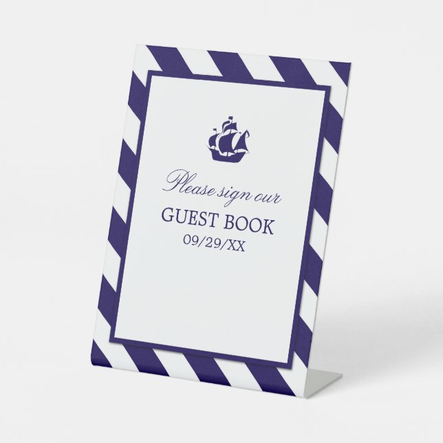 Nautical Stripes & Navy Blue Ship Wedding Pedestal Sign (Front)