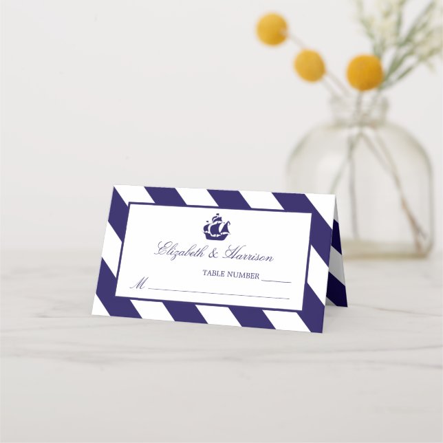 Nautical Stripes & Navy Blue Ship Wedding Place Card (Front)