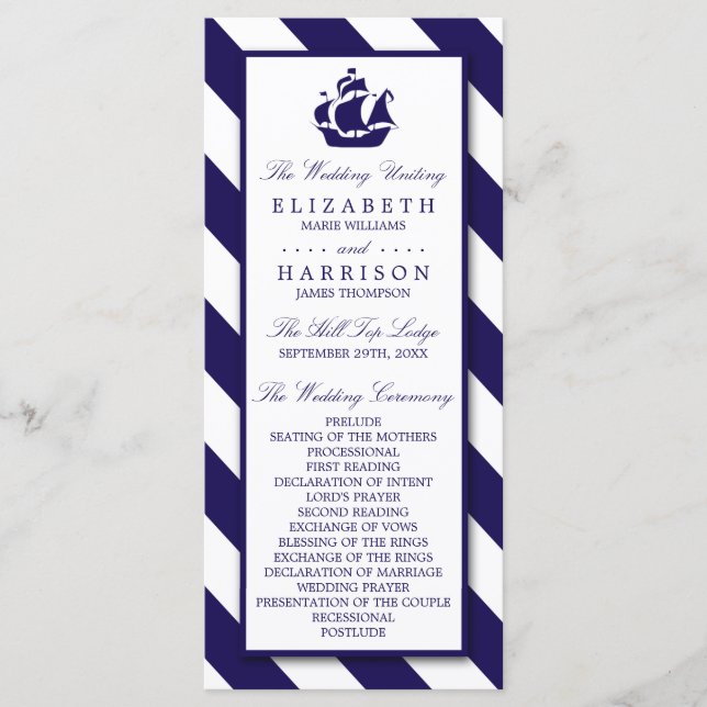 Nautical Stripes & Navy Blue Ship Wedding Program (Front)
