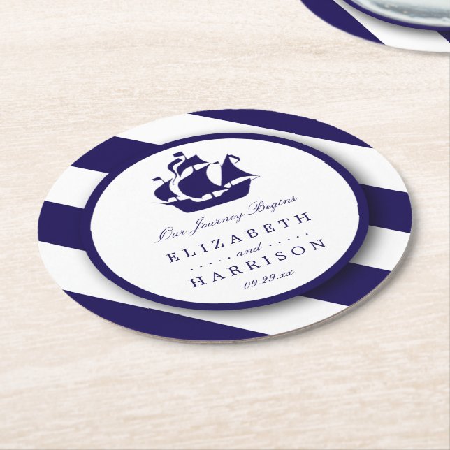 Nautical Stripes & Navy Blue Ship Wedding Round Paper Coaster (Angled)