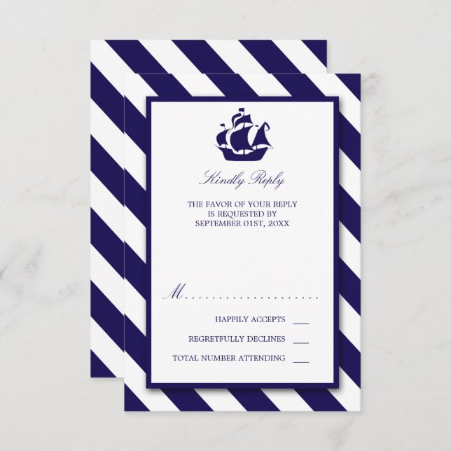 Nautical Stripes & Navy Blue Ship Wedding RSVP Card (Front/Back)