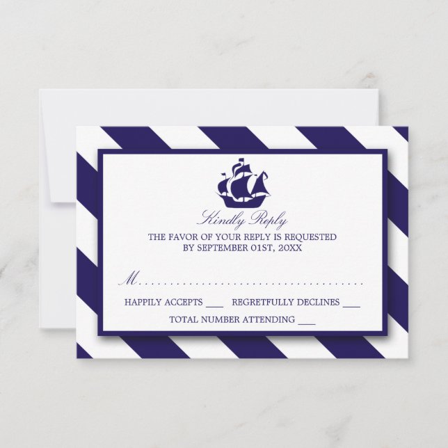 Nautical Stripes & Navy Blue Ship Wedding RSVP Card (Front)