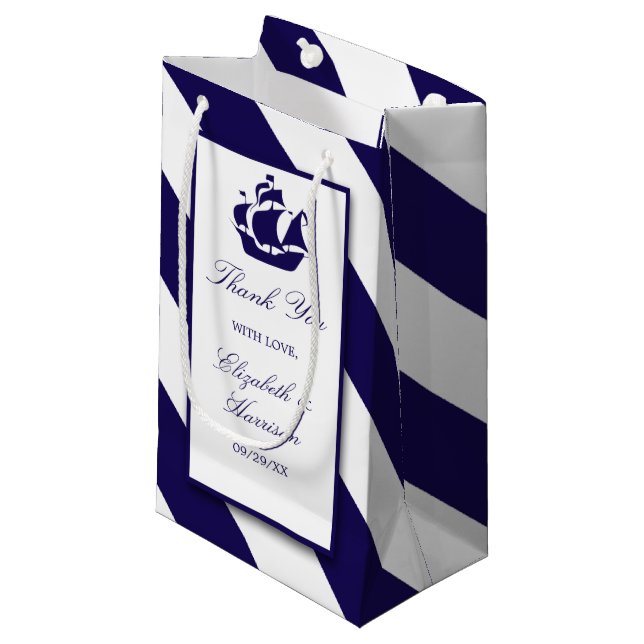 Nautical Stripes & Navy Blue Ship Wedding Small Gift Bag (Front Angled)