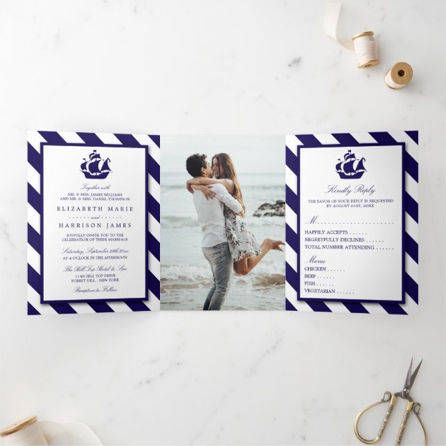 Nautical Stripes & Navy Blue Ship Wedding Suite Tri-Fold Invitation (Inside)