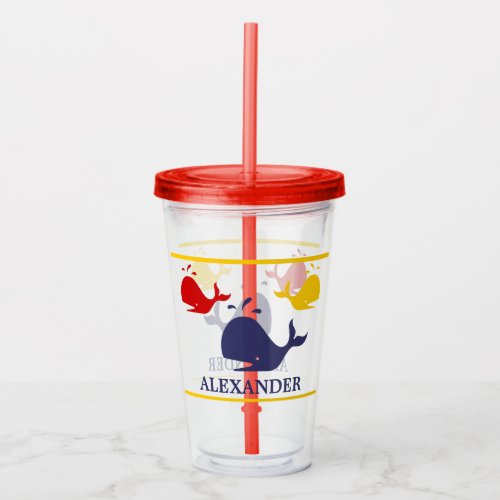 Nautical Stripes Navy Blue Yellow Red Whale White  Acrylic Tumbler